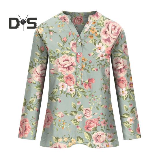 

Женская рубашка с воротником-стойкой, V-образным вырезом, пуговицами, полузастежкой, длинным рукавом, пуловер, топы с цветочным принтом, свободная блузка 3XL зелёный