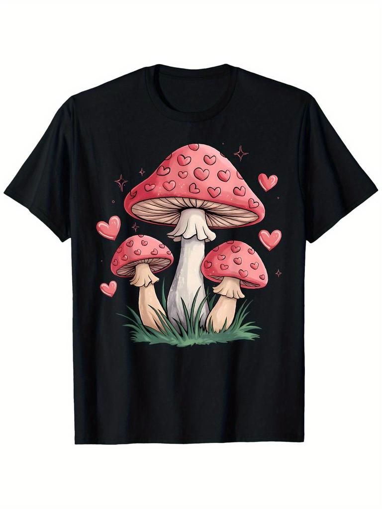 Pink Heart Mushroom Cottagecore Graphic Tee Men Casual Short Sleeve T-Shirt Nature Forest Daily Wear