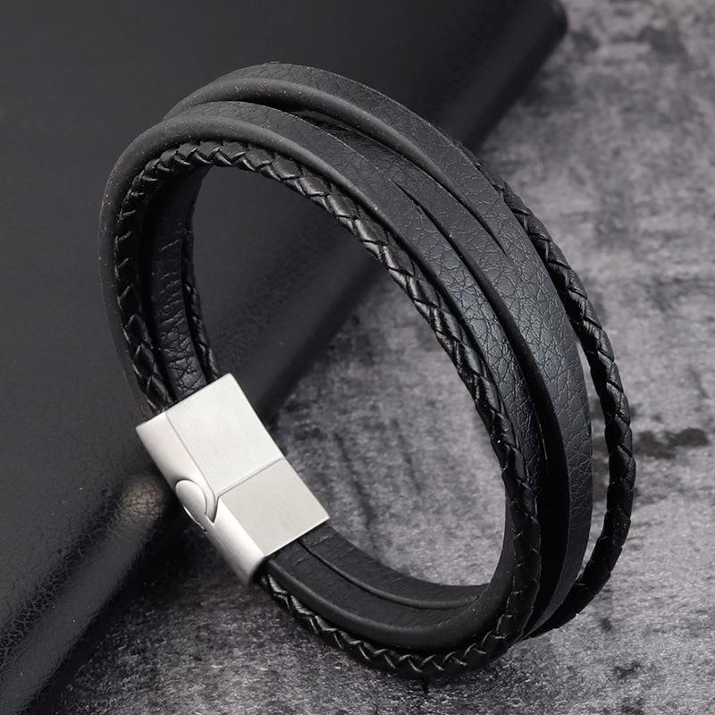 Men s Multi-Layer Braided Genuine Leather Bracelet with Stainless Steel Clasp Fashionable Braided Bracelet for Men and Women 21cm чёрный