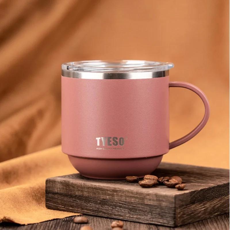 TYESO 304 Stainless Steel Thermos Cups with Handle and Clear Lid Coffee Mug Keeps Cold and Heat Portable Home Office Water Cups