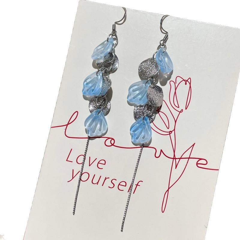 Cool Gradient Blue Petals Imitation Shell Women's New High-end Light Luxury Temperament Ear Hook Earrings