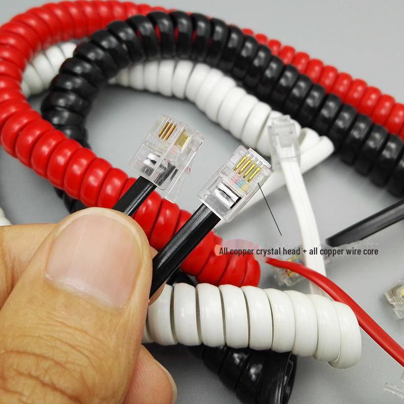 4-Core Fixed Landline Telephone Cord: RJ9 Spiral Spring Black Handset Wire