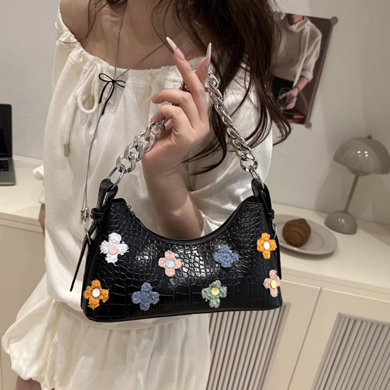New Crocodile Pattern French Toast Bag Fashion Flower Embroidery Chain Shoulder Bag Women's Shoulder Cross-Body Bag AVE