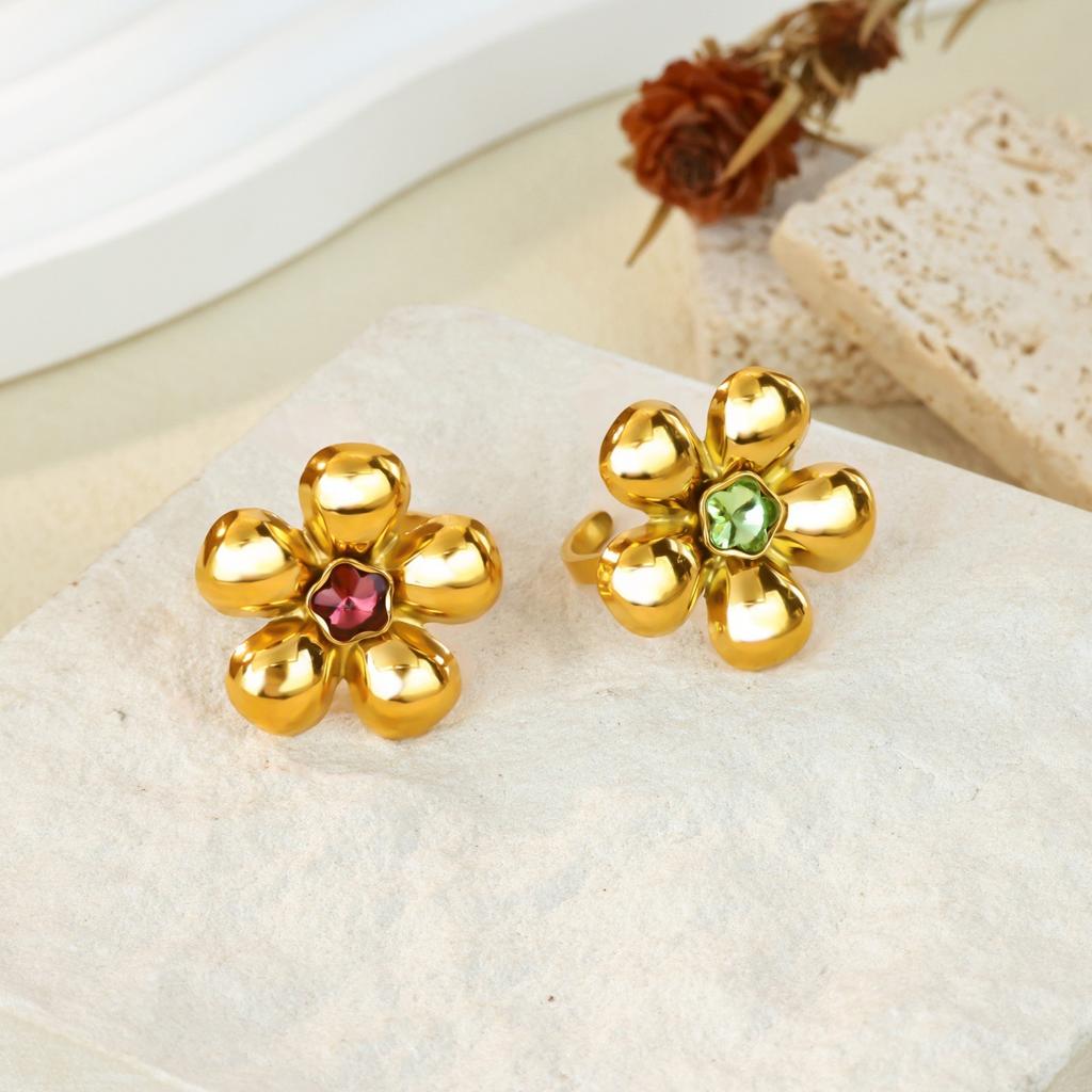 New retro natural stone zircon ring flower round opening stainless steel ring premium versatile jewelry