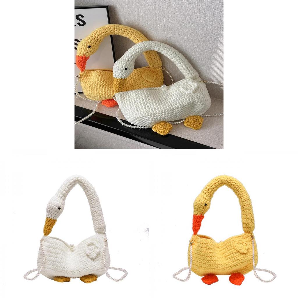 Gestrickte Woll-Handtasche mit Schultergurt in Weiß mit Gänsemotiv für den täglichen Freizeitgebrauch