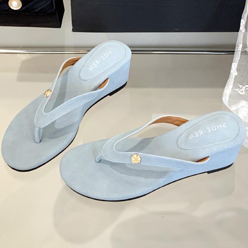 Fashion Round Toe Faux Suede Flip-flops Summer Fashion Wedges Open Toe Slide Women Sandals Outside Comfortable Simple Heels for Ladies