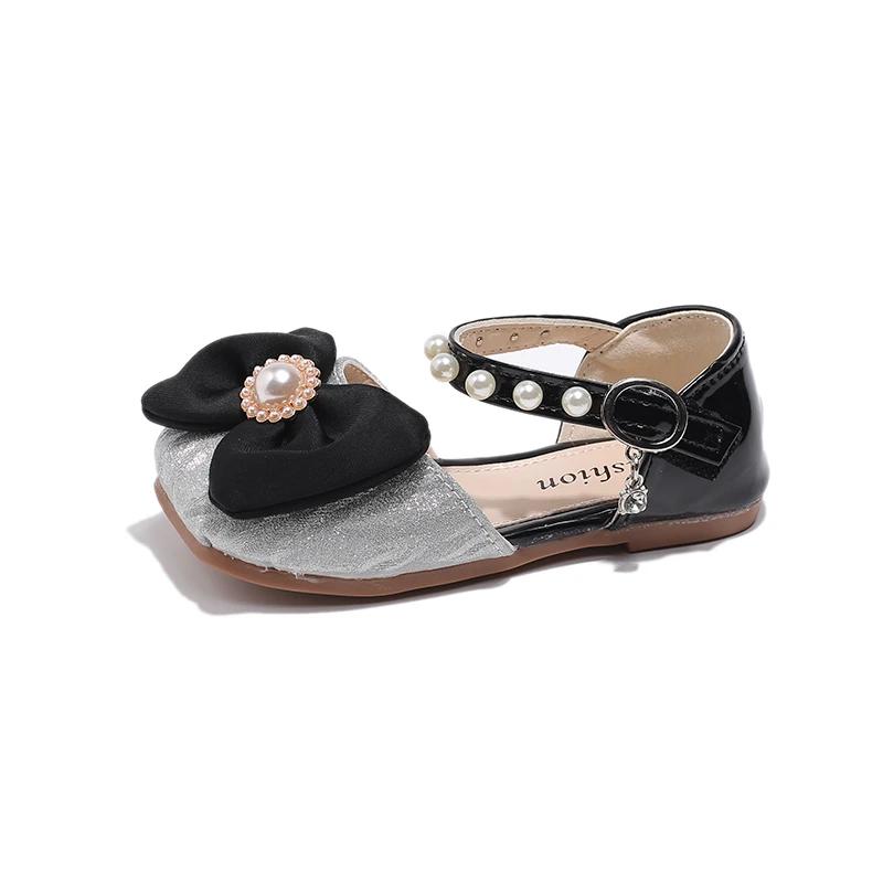 

2024 Детские кожаные туфли для девочек Осень Новая мода Элегантные Жемчужные Удобные Принцесса Шик Бантик Повседневные Универсальные Балетки 24 серебряный