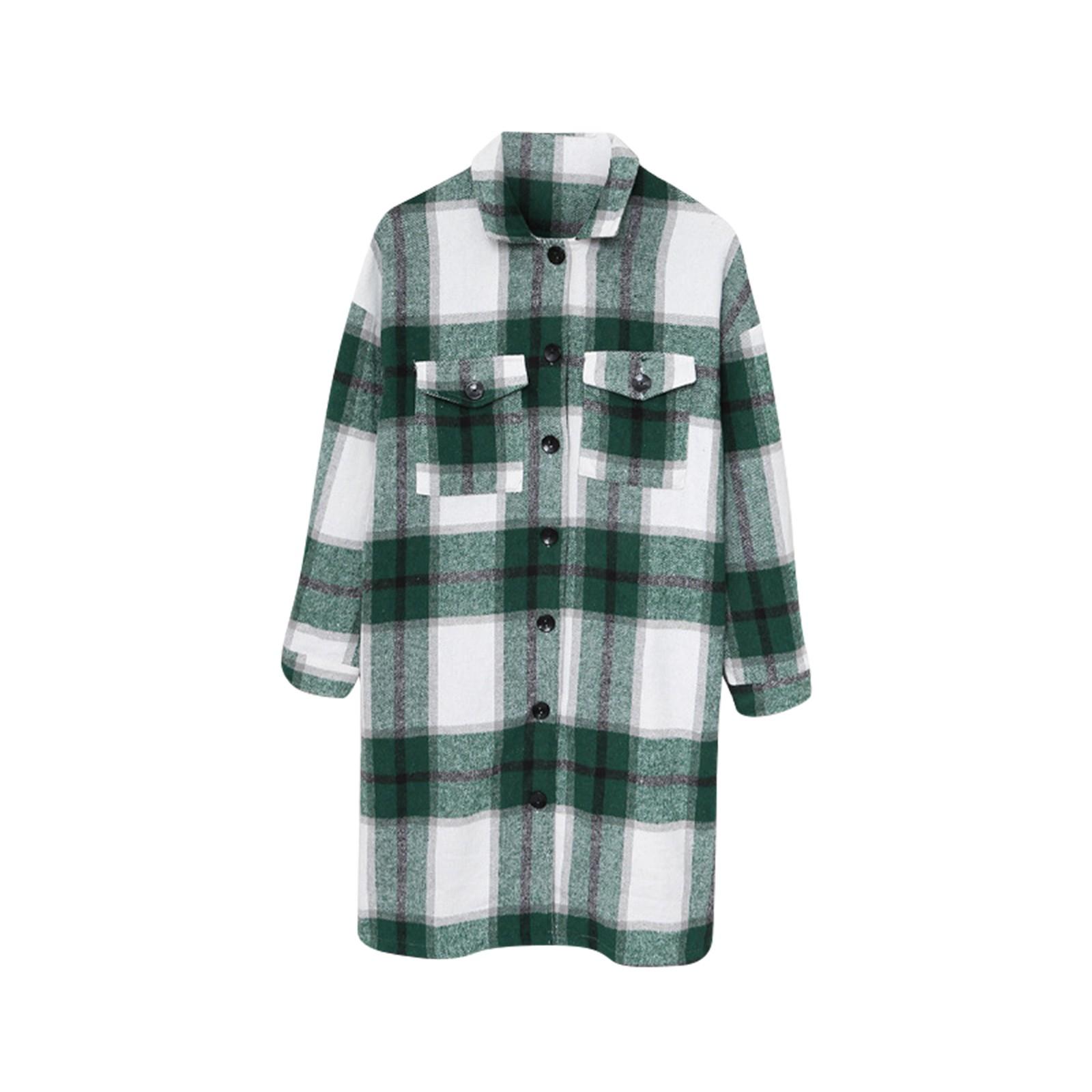 Women s Casual Fashion Loose Lattice Color Matching Long Sleeve Lapel Woolen Coat XL зелёный