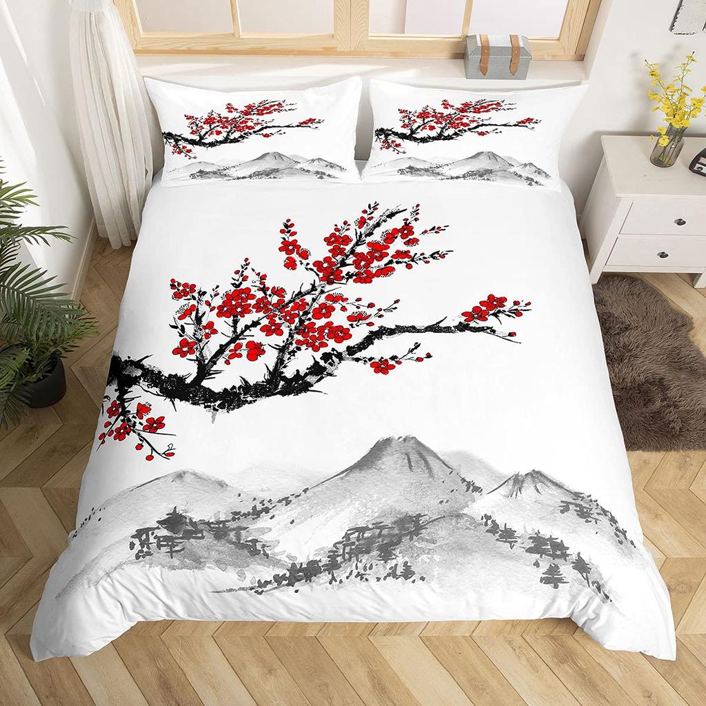 Cherry Blossoms Duvet Cover King/Queen Size,Japanese Sakura Tree Pink Floral Spring Vintage Cultural Bedding Set for Women Girls