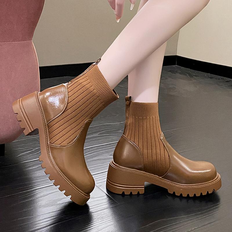 fashion Rimocy Women's Fashion Platform Ankle Boots Autumn Winter Chunky Heels Knitting Short Boots Woman Slip On PU Leather Botas Mujer