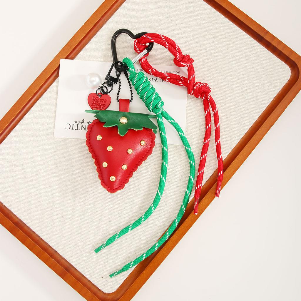 Cute leather strawberry pendant keychain braided rope love mobile phone chain bag pendant advanced sense