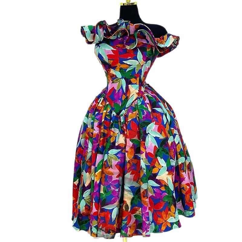 European and American women's clothing summer new temperament slanted shoulder ruffle edge high waist A word medium and long dress