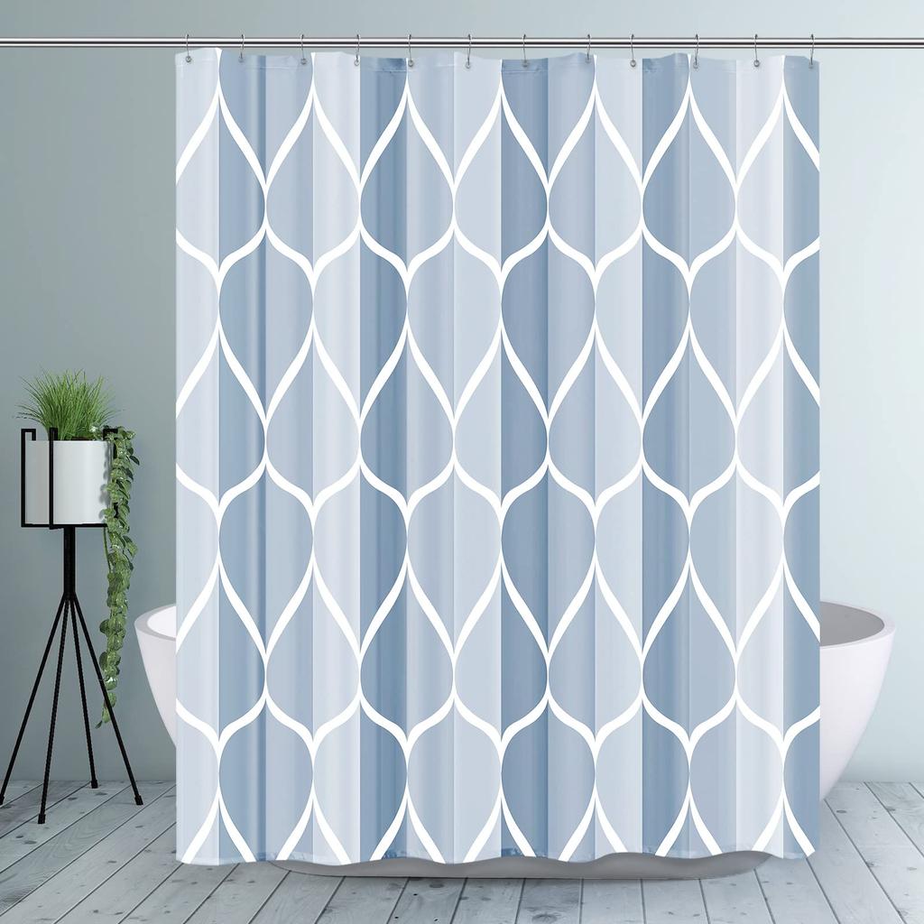 Aegean Blue Geometric Shower Curtain,Waterproof Polyester,Quick-Drying,Fabric Shower Curtains Set For Bathroom,Durable Washable