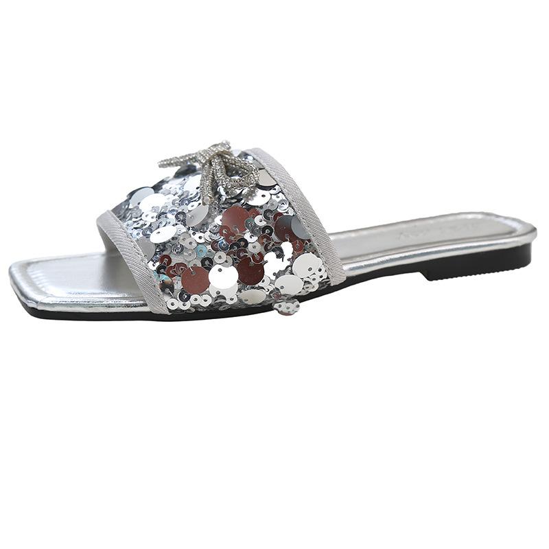 

Fashion sequins flat bottom one-character cool slippers female summer wear fairy style new female beach maternity sandals 40 срібний