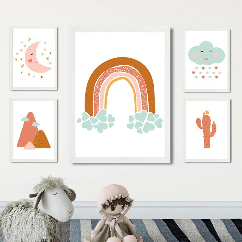 Nordic Rainbow Clouds Moon Cactus Prints And Posters Wall Art Canvas Paiting Wall Pictures For Living Room Home Décor No Frame
