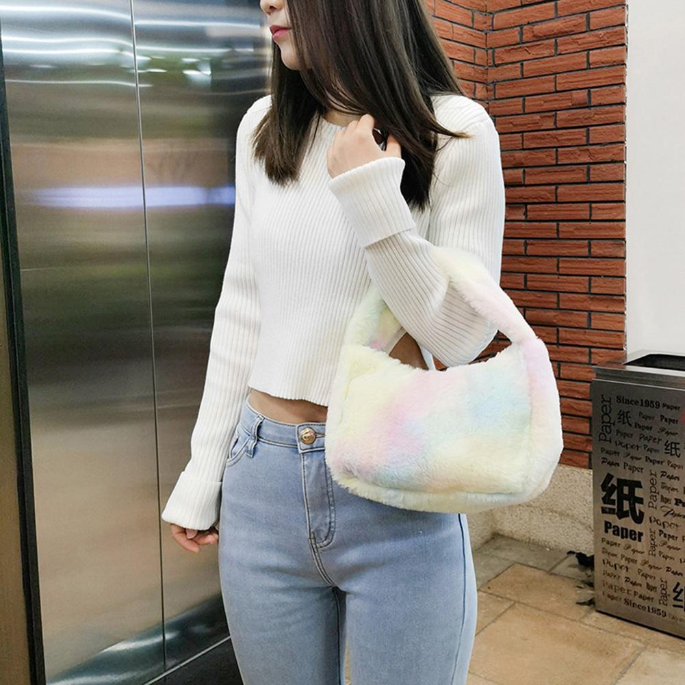 Rainbow Shoulder Bag Simple Fashion Furry Bag Large Capacity Fluffy Tote Bags Colorful Top-handle Bag for Autumn Winter