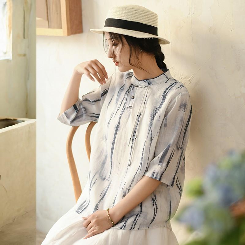 Johnature T-shirt a righe da donna Manica corta estiva Stile cinese Abbigliamento da donna Bottoni T-shirt vintage