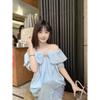 French Style Temperament Stylish Ruffles off-Shoulder Shirt Women's Clothing Summer Gentle Younger Blue off-the-Shoulder Tops