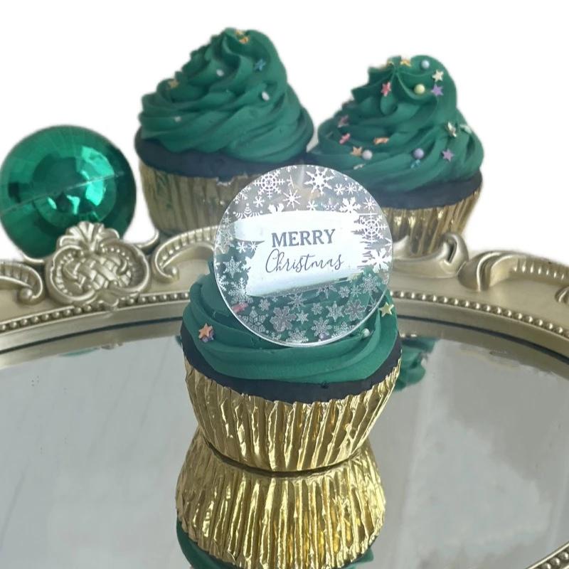 10pcs Round Merry Christmas Plastic Cupcake Toppers Rose Gold Color Snowflake Elk Cake Party Decorating Tool Christmas Ornament