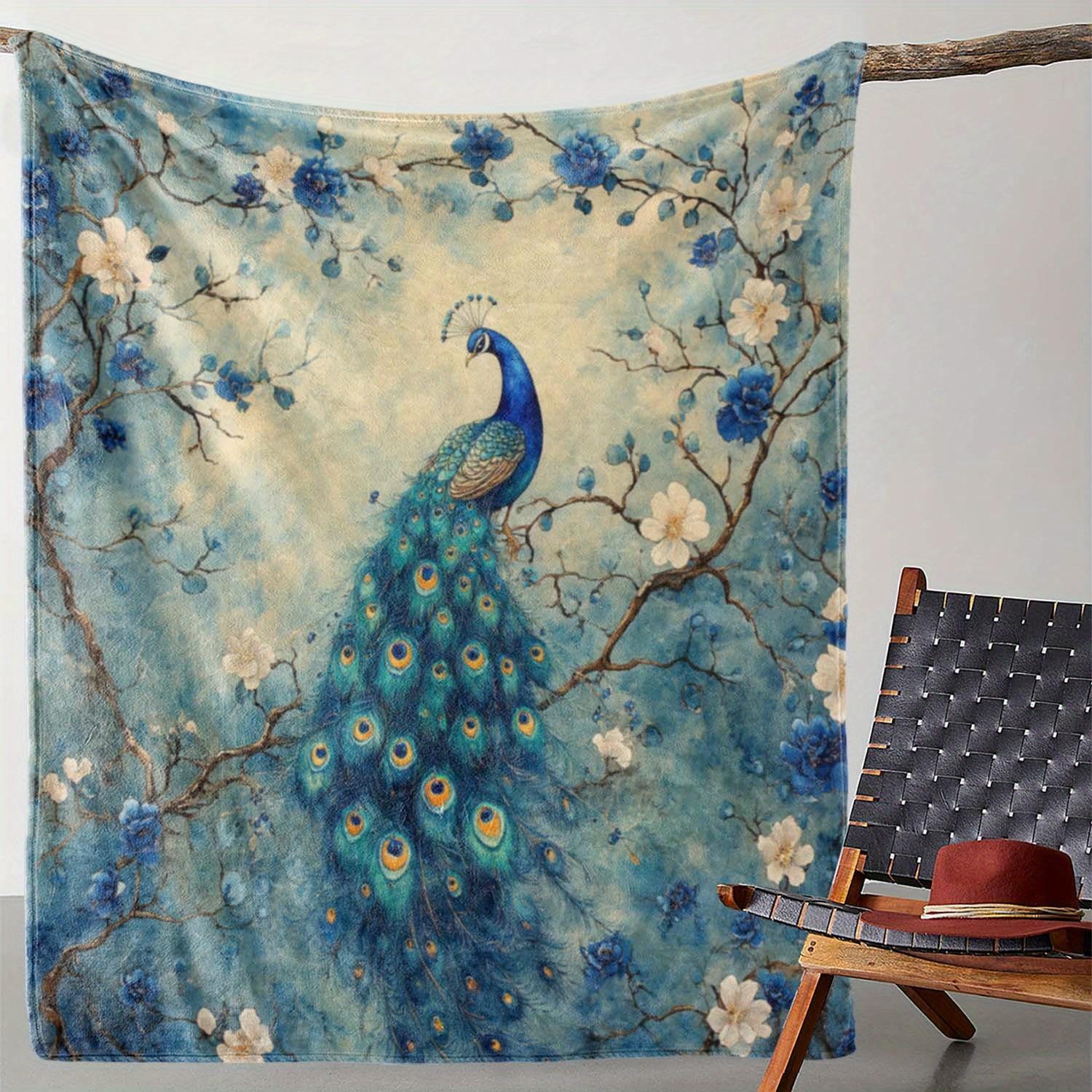 

1pc Vintage Floral Peacock Print Fleece Throw Blanket - Soft, Cozy, All-Season Knitted Polyester Blanket for Sofa, Bed, Office, 75x90cm
