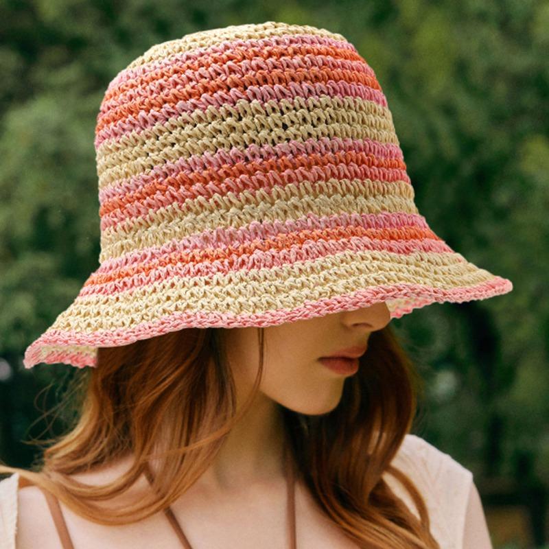 Color breathable bucket hat wide brim small fresh spring and summer travel visor striped hand woven breathable hat
