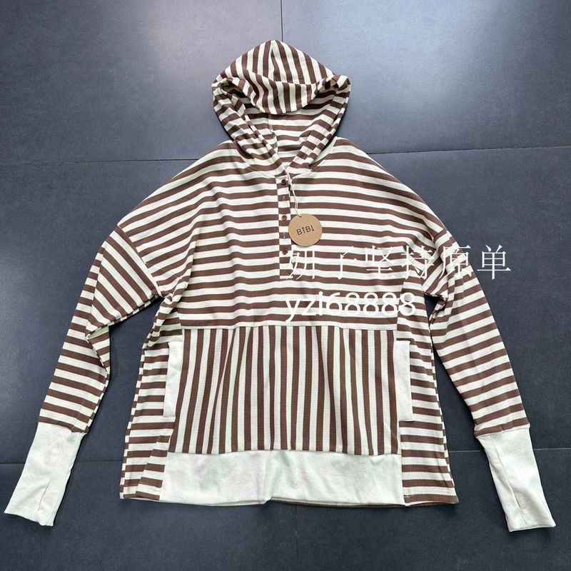 

Export FP Style Free Lazy Casual Classy Hooded Long Sleeve Sweater Pullover All-Matching Fashion Plaid Sweater for Women Apricot Stripes Sweatshirt L