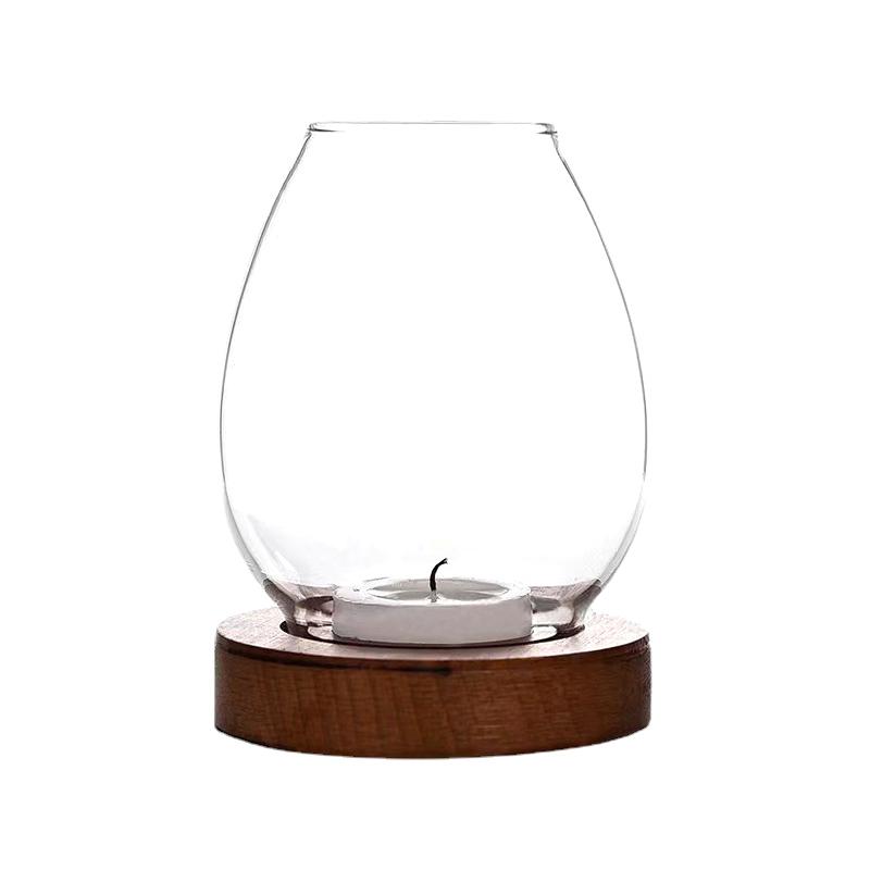 Glass Candlesticks With Cup Cover Transparent Round Candle Holders Home Decor With Wood Base Table Decoration Ornaments Wedding