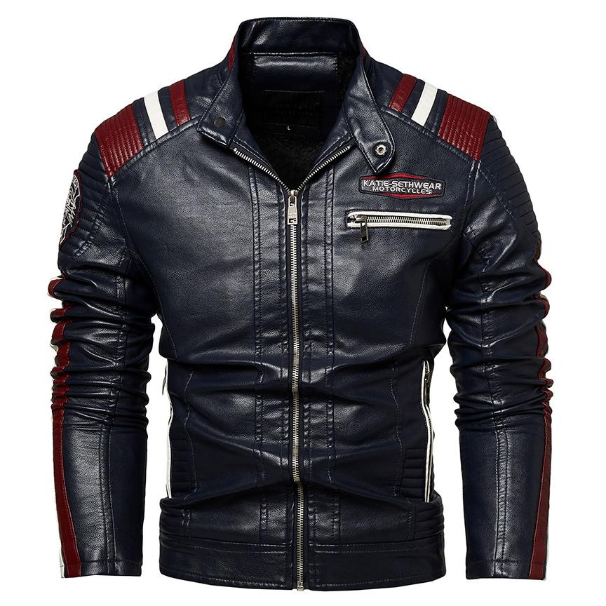 Chaqueta de cuero de Pu con cuello de terciopelo y delgada para motocicleta de cuero de invierno para hombre