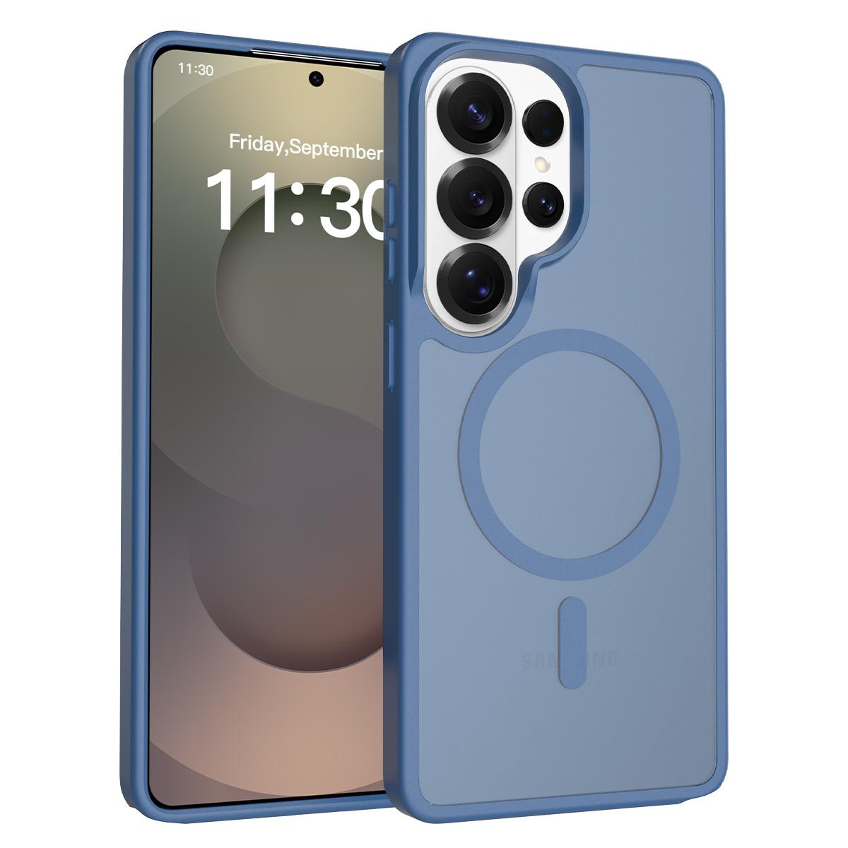 

Магнитный чехол для телефона с ощущением кожи для Samsung Galaxy S26 Ultra S26+ 5G Magsafe Беспроводная зарядка TPU Рамка Жесткая пластиковая задняя крышка For Galaxy S26 синий