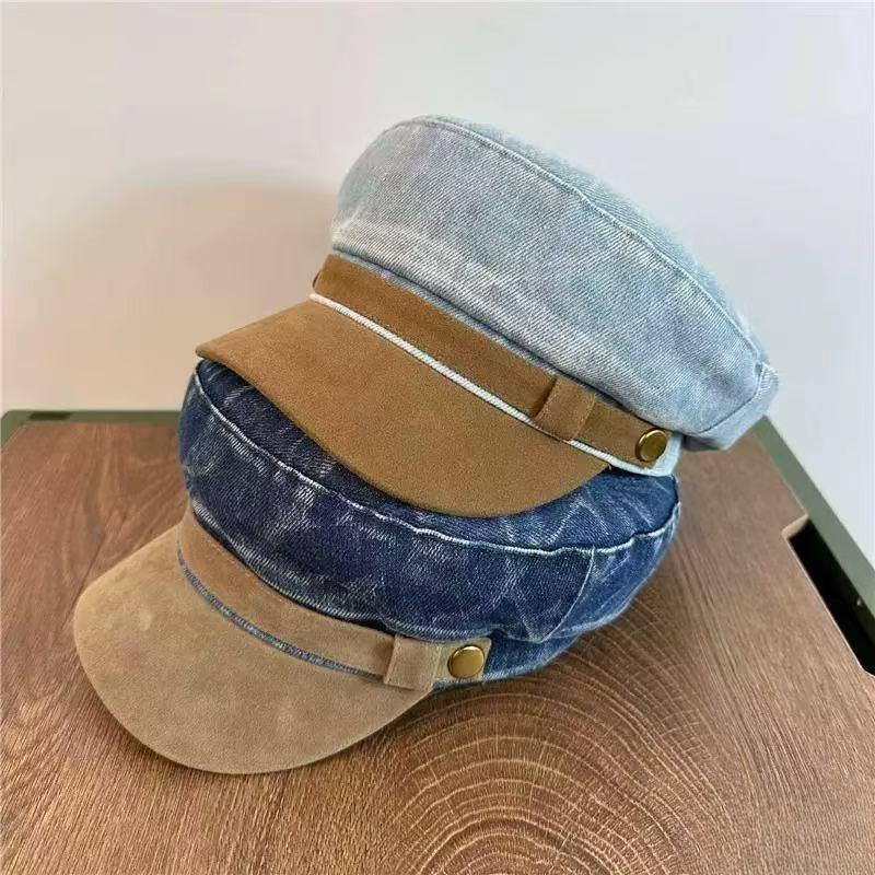 Denim Schiebermütze mit flachem Oberteil Damen Wildleder Colorblock Retro Achteckige Mütze Vielseitige Baskenmütze Malermütze