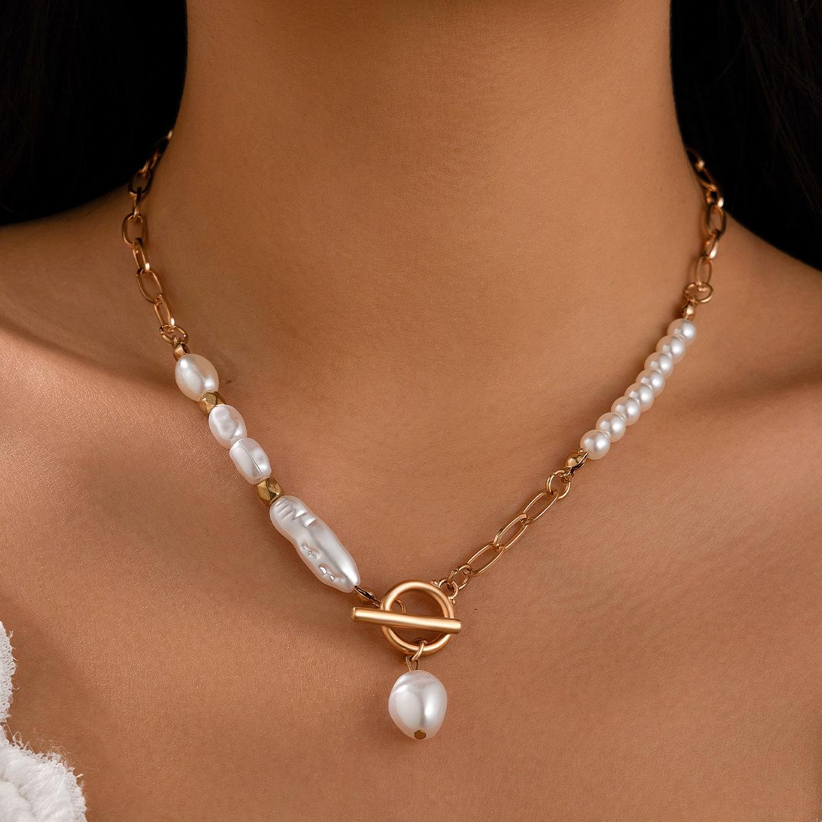 Temperament Baroque Imitation Pearl Necklace Earrings Simple Metal Chain Fringed Collarbone Necklace