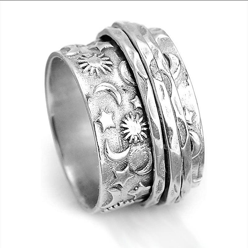 Copper Ring, Retro Index Finger Ring With Stars And Moon Texture, Sun God Wide Version Ring