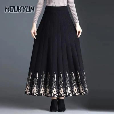 Czarne Kwiatowe Dzianinowe Długie Plisowane Damskie Spódnice Moda Koreańska Zima Jesień Vintage Spódnica z Wysokim Stanem
