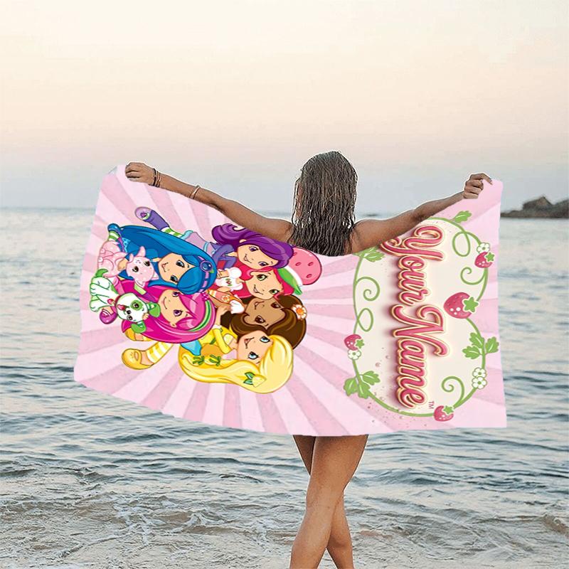 1pc Princess Strawberry Beach Towel with Custom Name, Beach and Seaside Swimming Pool Equipment, Fashion Pattern, Rectangular, Travel Essential