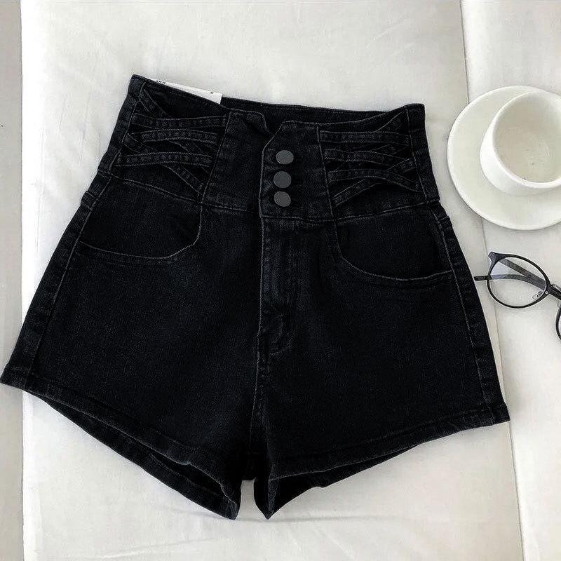 

Women s Elastic High Waist Denim Shorts - Button-Down Slim Fit Straight Leg Summer Hot Pants S чорний