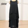 Plus Size Casual Dress Women's Flowy Chiffon Dress, Sleeveless Crew Neck Asymmetrical Hem Fat Hiding Loose Long Summer Layered Cocktail Wedding Guest