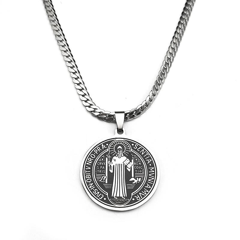 San Benito Exorcist Pendant Necklace for Women Men Stainless Steel Christian Saint Benedict Religious Amulet Chain Jewelry