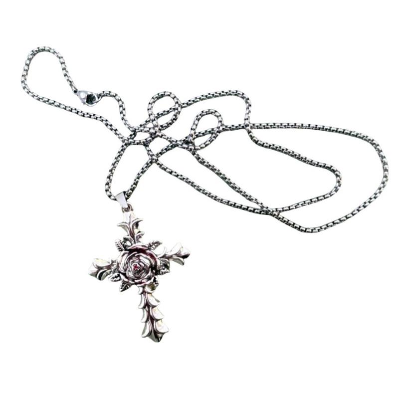 Neo-gotischer tiefroter Rosen-Oxidationssilber-Kreuz-Anhänger Lange Halskette für Damen Herren Hip-Hop Street Pullover Kette Schmuck Geschenke