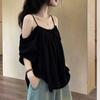 Thailand's stunning black camisole tank top, a thin T-shirt design for women, a trendy short-sleeved top worn for summer outerwear