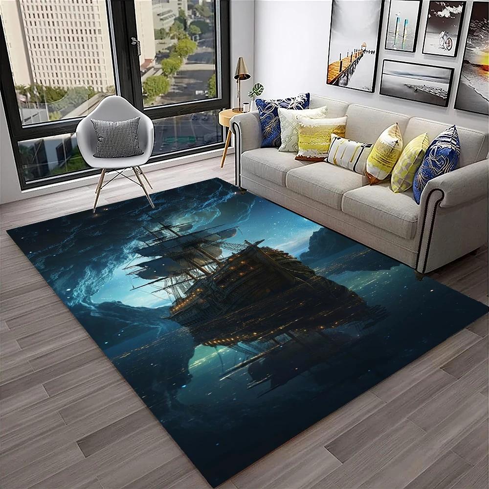 3D Piratenschiff Boot, Bark, Segelboot Teppich für Zuhause Wohnzimmer Schlafzimmer Sofa Fußmatte Dekor, Kinderbereich Teppich Rutschfeste Bodenmatte