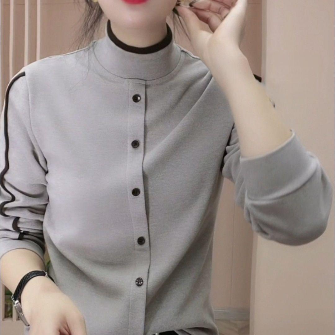 

Двусторонняя бархатная базовая рубашка из немецкого бархата, осень-зима, новый зарубежный стиль, с длинным рукавом, под горло, сочетание цветов, модная женская большого размера 3XL серый