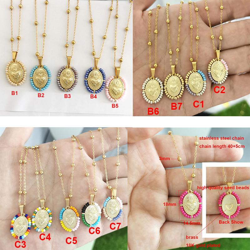 QMHJE Virgin Mary Pendant Charm Necklace Women Cross Scared Heart Jesus Choker Seed Beads Stainless Steel Chain Gold Color Mom