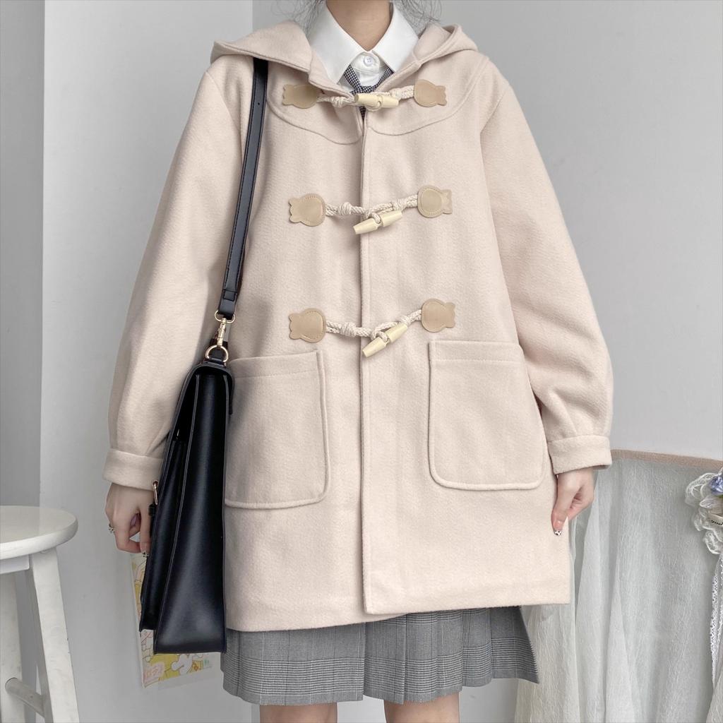 Jesień Zima Damskie Wełniane Płaszcze z Rogowymi Guzikami harajuku Styl College Gruby Casual Oversize Długi Damski Kardigan z Kapturem Mieszanki