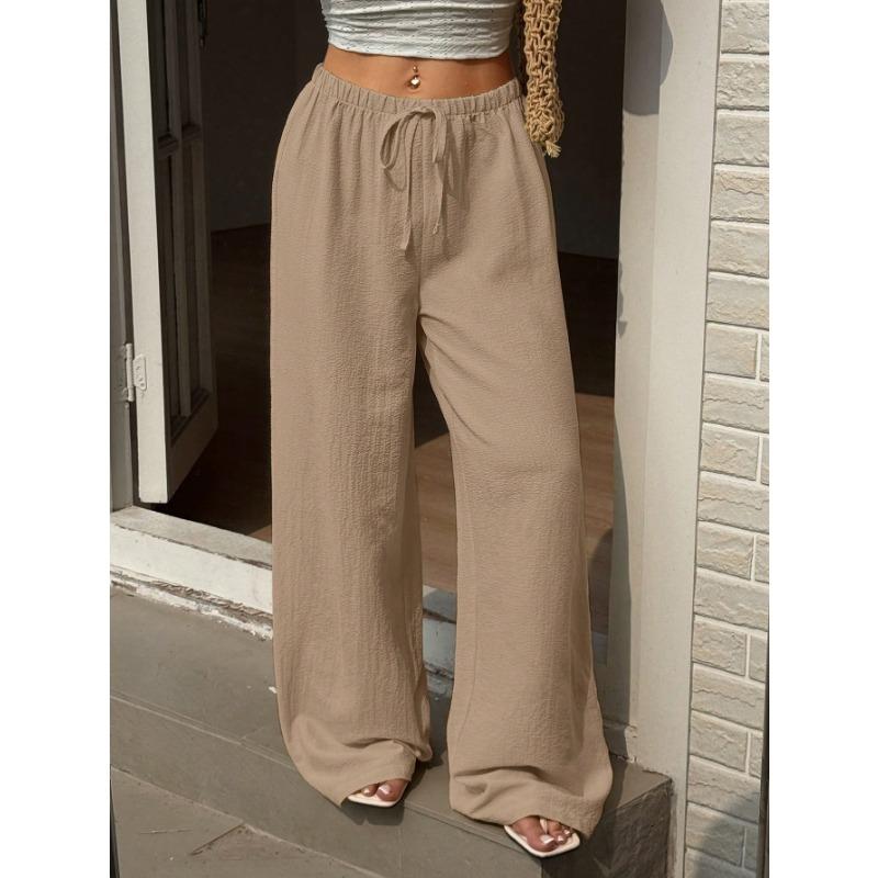 Women Casual Elastic Drawstring High Waist Wide Leg Pants Loose Lightweight Beach Vacation Trousers