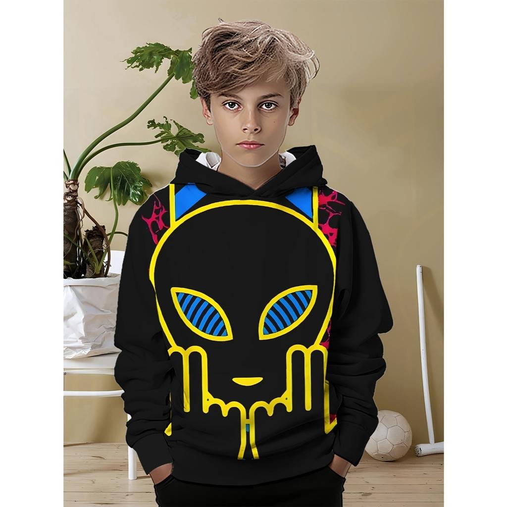 Boy's 3D Digital Printed Cat Tongue Pattern Hoodie - Black Casual Hoodie, Soft Machine Washable Fabric