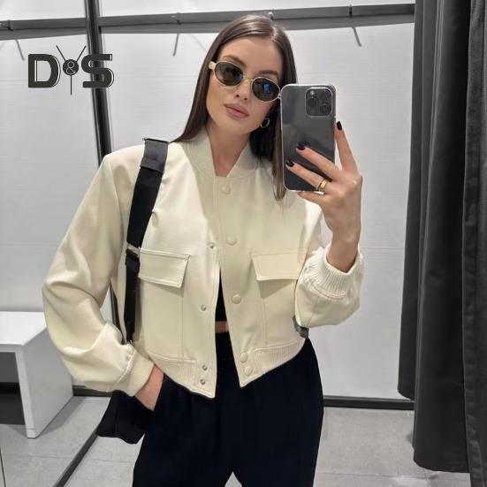 

Women Fall Winter Coat Stand Collar Multi Pockets Solid Color Long Sleeve Loose Soft Warm Single breasted Elastic Cuff Lady Baseball Jacket