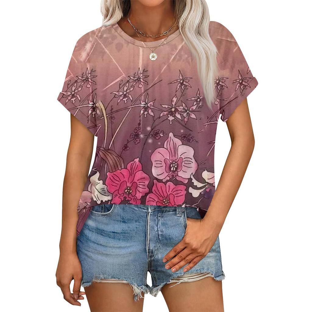 Women's Casual Fashion Round Neck Rolled Hem Short Sleeve Floral Top