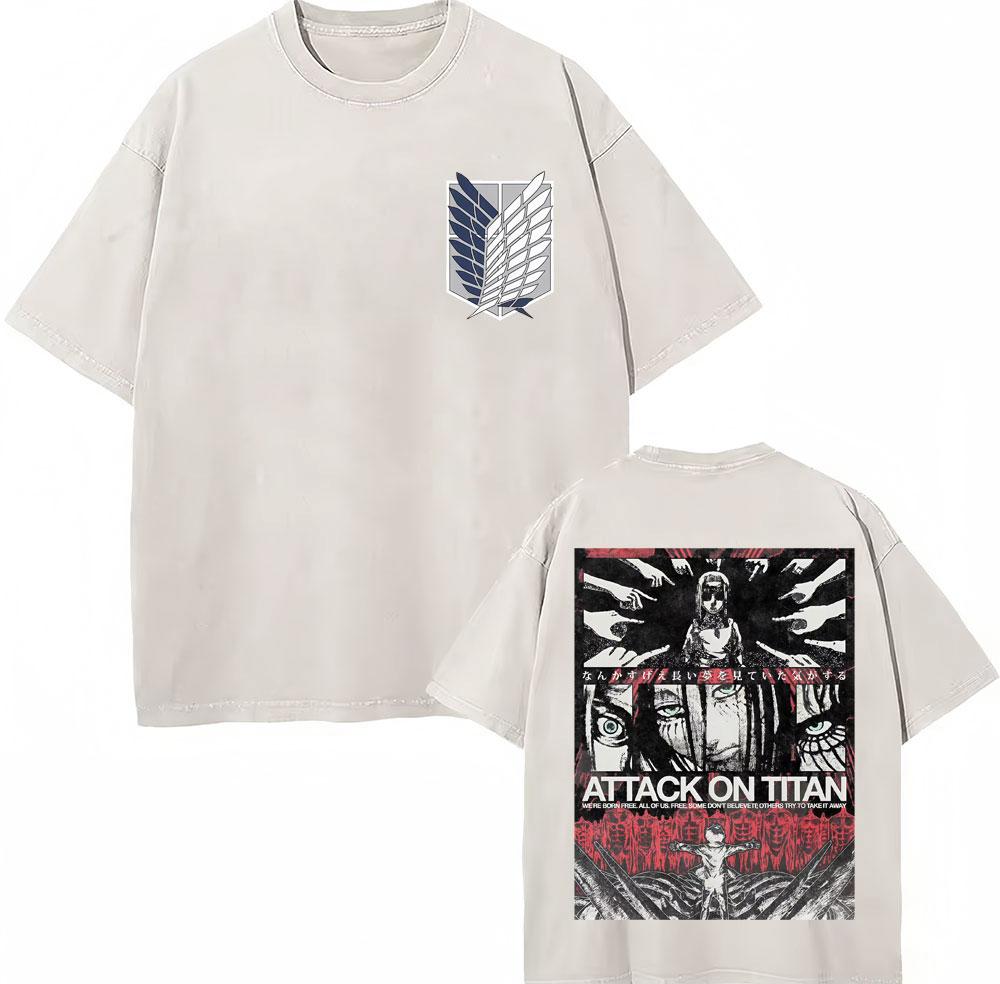 Washed Vintage Anime Attack On Titan Eren Jaeger Skeleton Graphic T Shirt Men Women Cartoon Manga Oversized Tshirts Streetwear