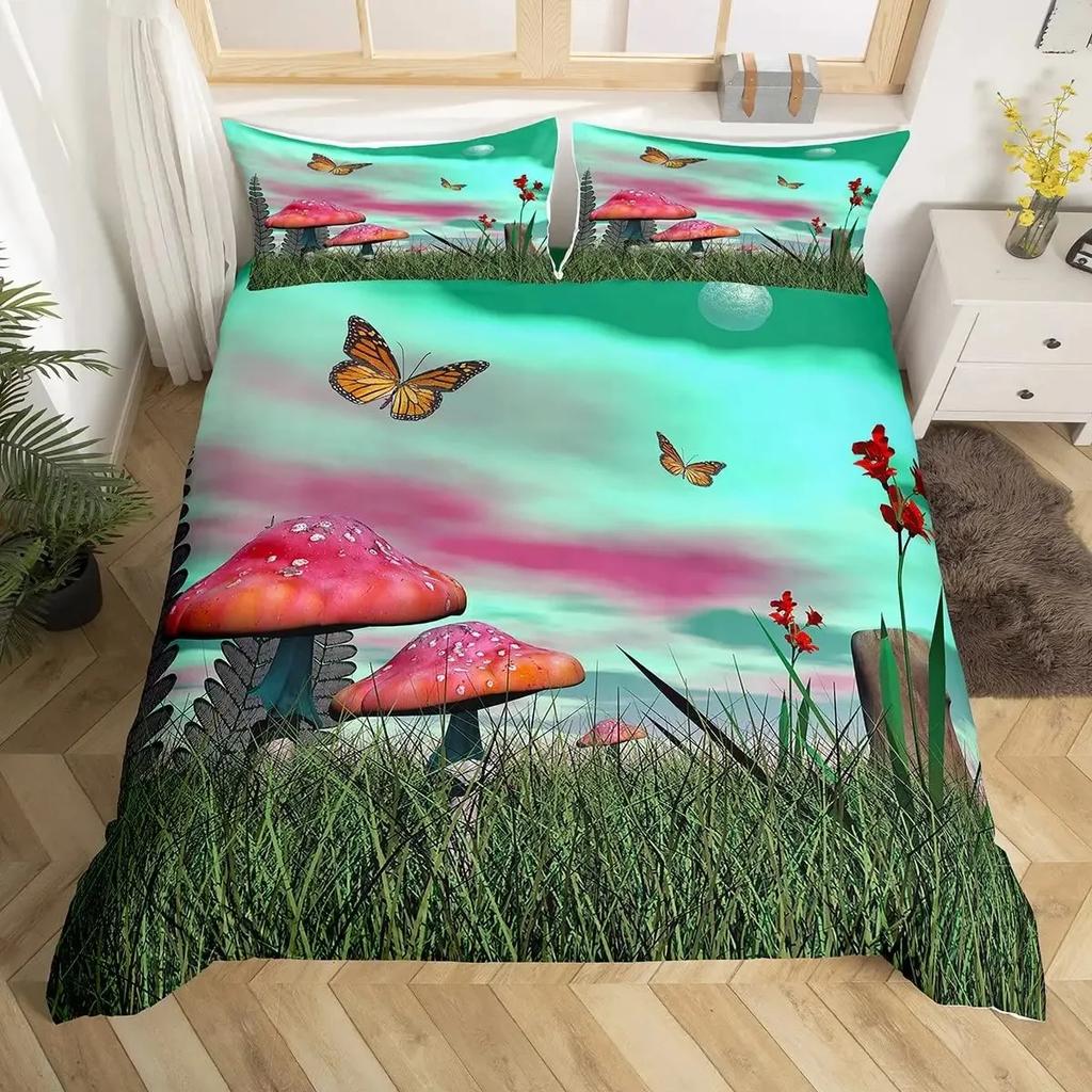 Cute Mushroom Duvet Cover Set Cartoon Mushrooms Comforter Cover Wild Mushroom Bedding Set Wildflower Botanical Plant Quilt Cover