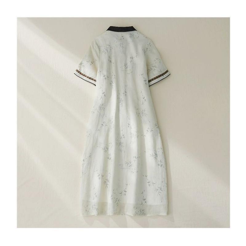 Women's White Floral Print Black Contrast Collar Short Sleeve Qipao Style Midi Dress